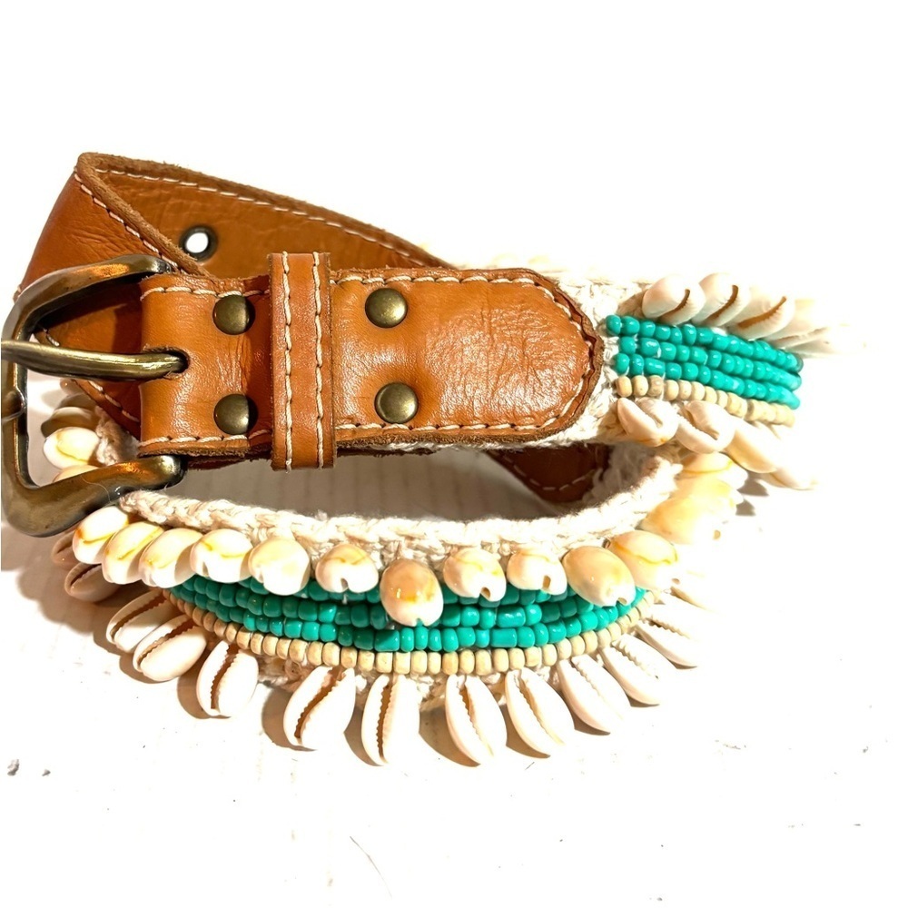 Brown and Turquoise Beaded Shell Belt Size S